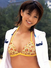 Short haired asian beauty with petite perky tits in a bikini